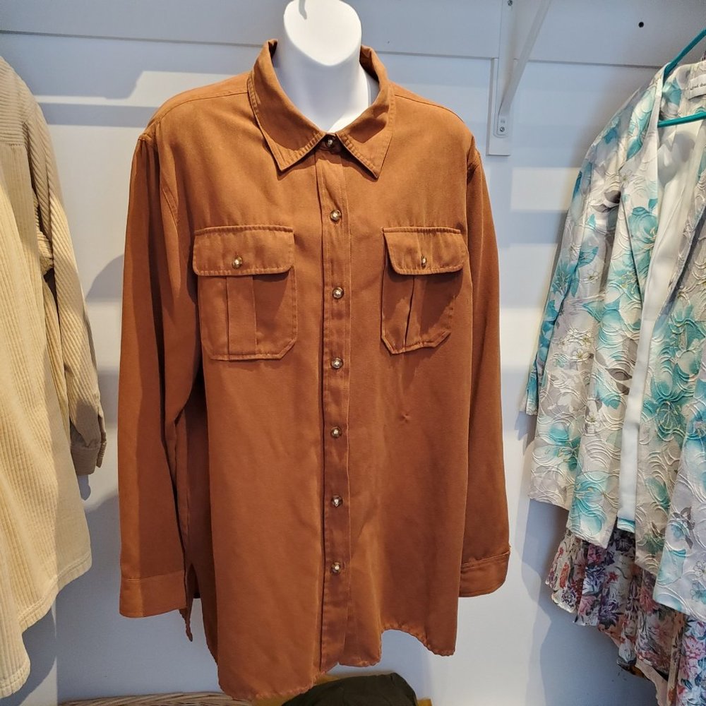 White Stag Womens 100% Polyester Brown Suede-like Long Sleeve Button Down Shirt